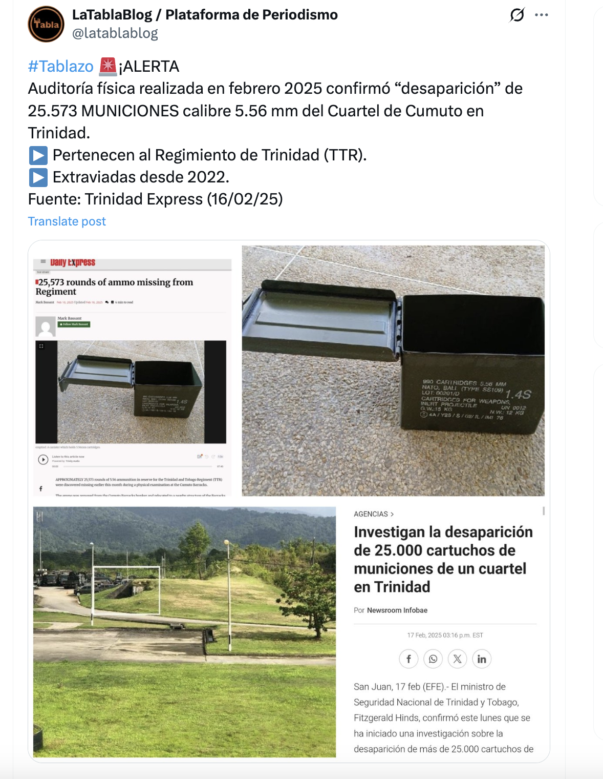 Trinidad y Tobago “pierde” casi 100.000 municiones: Venezuela advierte sobre implicaciones regionales