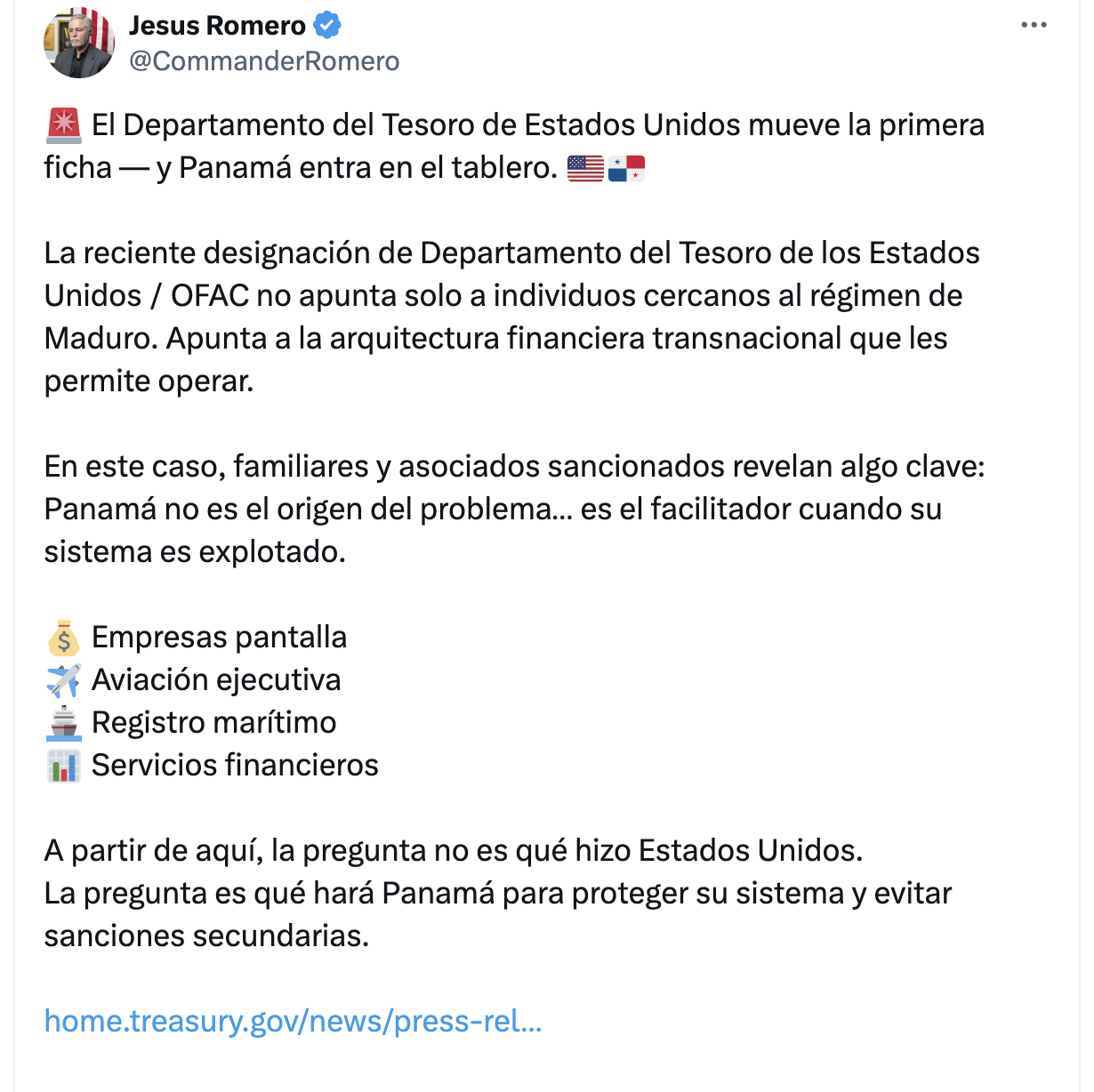 EE. UU. sanciona redes financieras vinculadas a Maduro y alerta sobre el papel de Panamá
