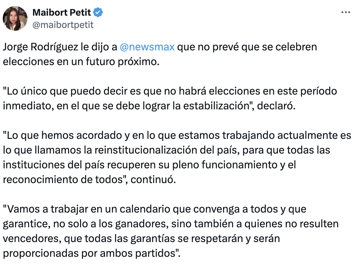 Jorge Rodríguez a Newsmax: Venezuela se está estabilizando tras la captura de Maduro