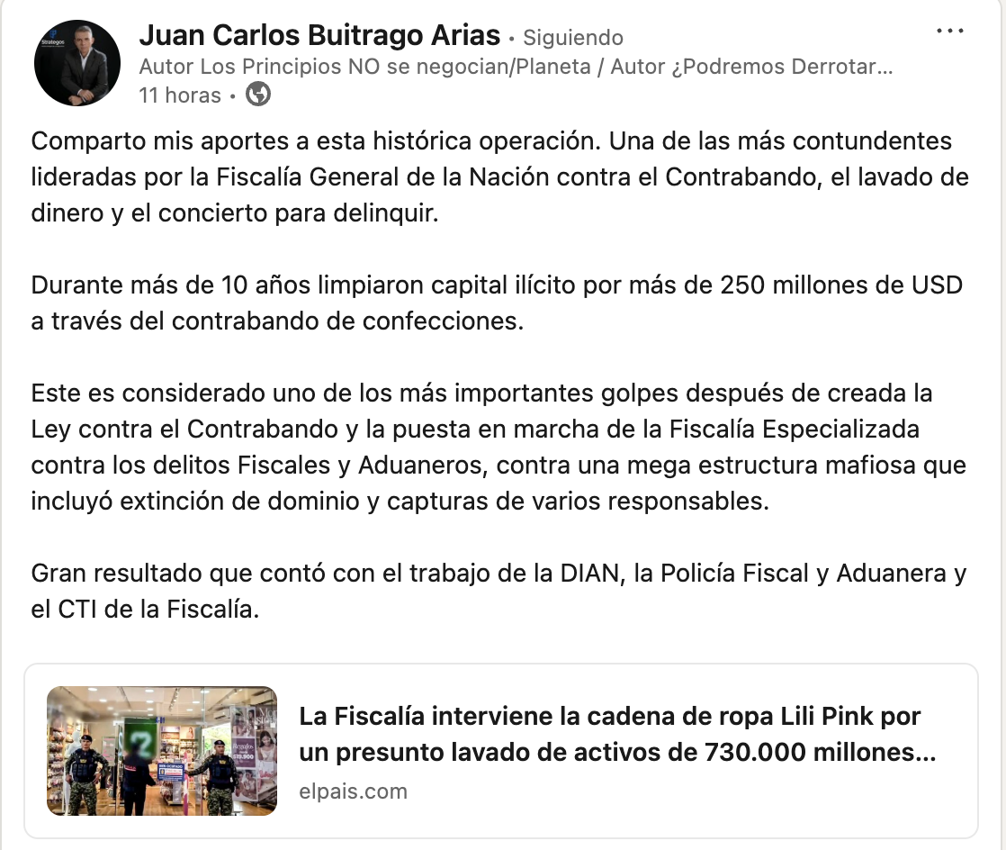Fiscalía interviene Lili Pink en operación clave contra lavado de activos