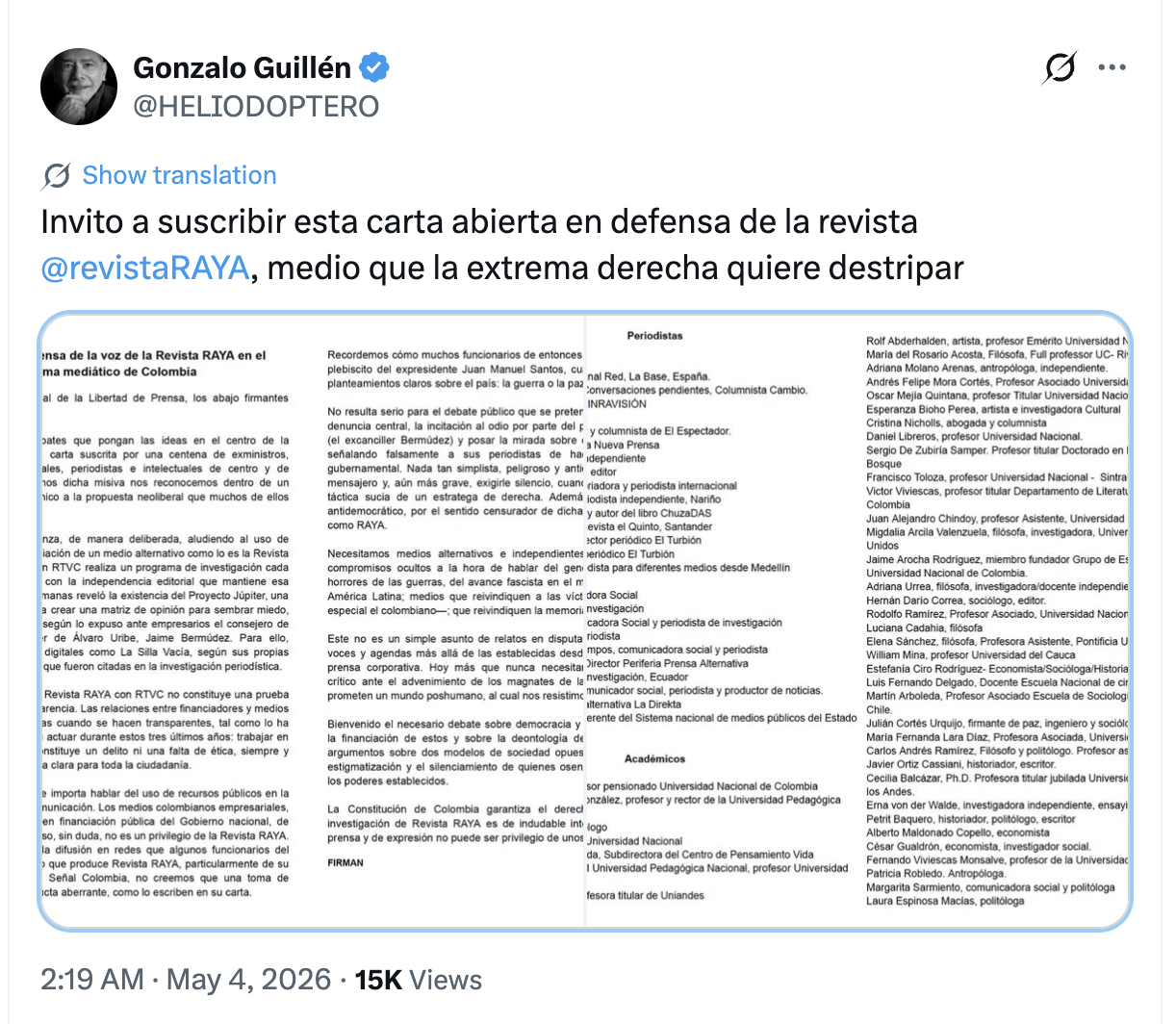 Gonzalo Guillén invita a firmar carta abierta en defensa de la Revista RAYA