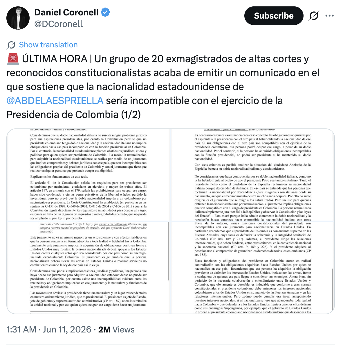 Exmagistrados advierten que la nacionalidad estadounidense de Abelardo de la Espriella sería incompatible con la Presidencia