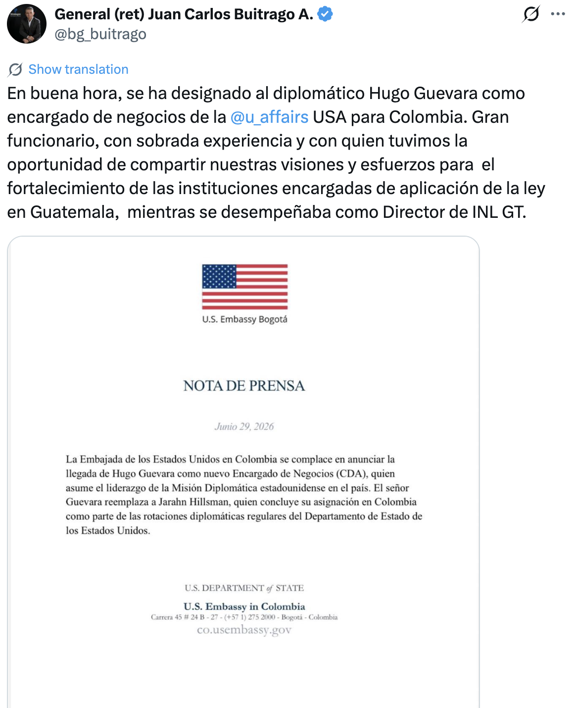 Hugo Guevara asumirá como encargado de negocios de Estados Unidos en Colombia Hugo Guevara asumirá como encargado de negocios de Estados Unidos en Colombia