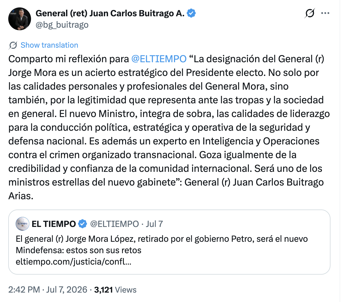 Exgeneral colombiano respalda designación de Jorge Mora como ministro de Defensa Exgeneral colombiano respalda designación de Jorge Mora como ministro de Defensa