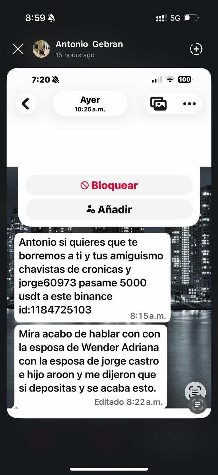 Denuncian suplantación del nombre de Jorge Castro y su familia para exigir 5.000 USDT Denuncian suplantación del nombre de Jorge Castro y su familia para exigir 5.000 USDT
