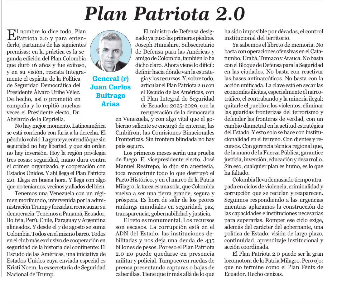 Plan Patriota 2.0 – General (r) Juan Carlos Buitrago Arias Plan Patriota 2.0 – General (r) Juan Carlos Buitrago Arias