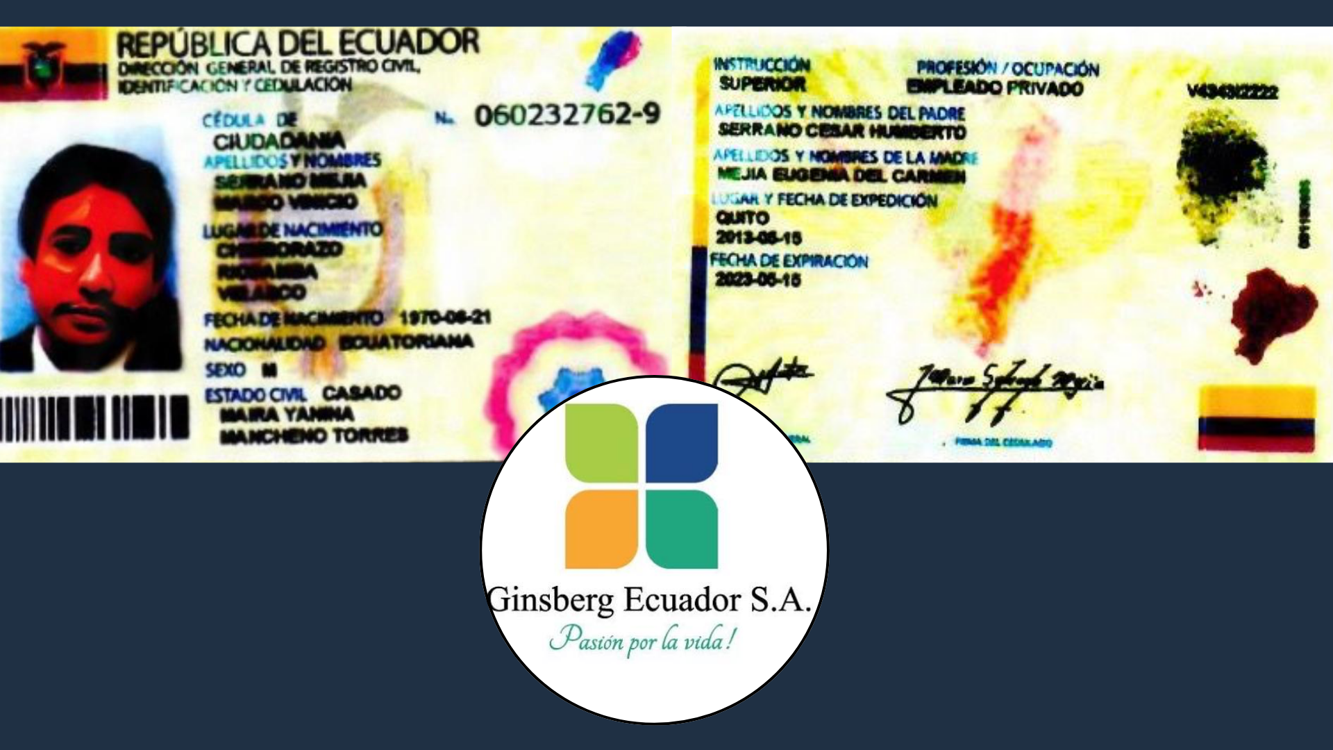 Documento de identidad del Ecuador de Marco Vinicio Serrano Mejía y el logo de su empresa Laboratorios Ginsberg.