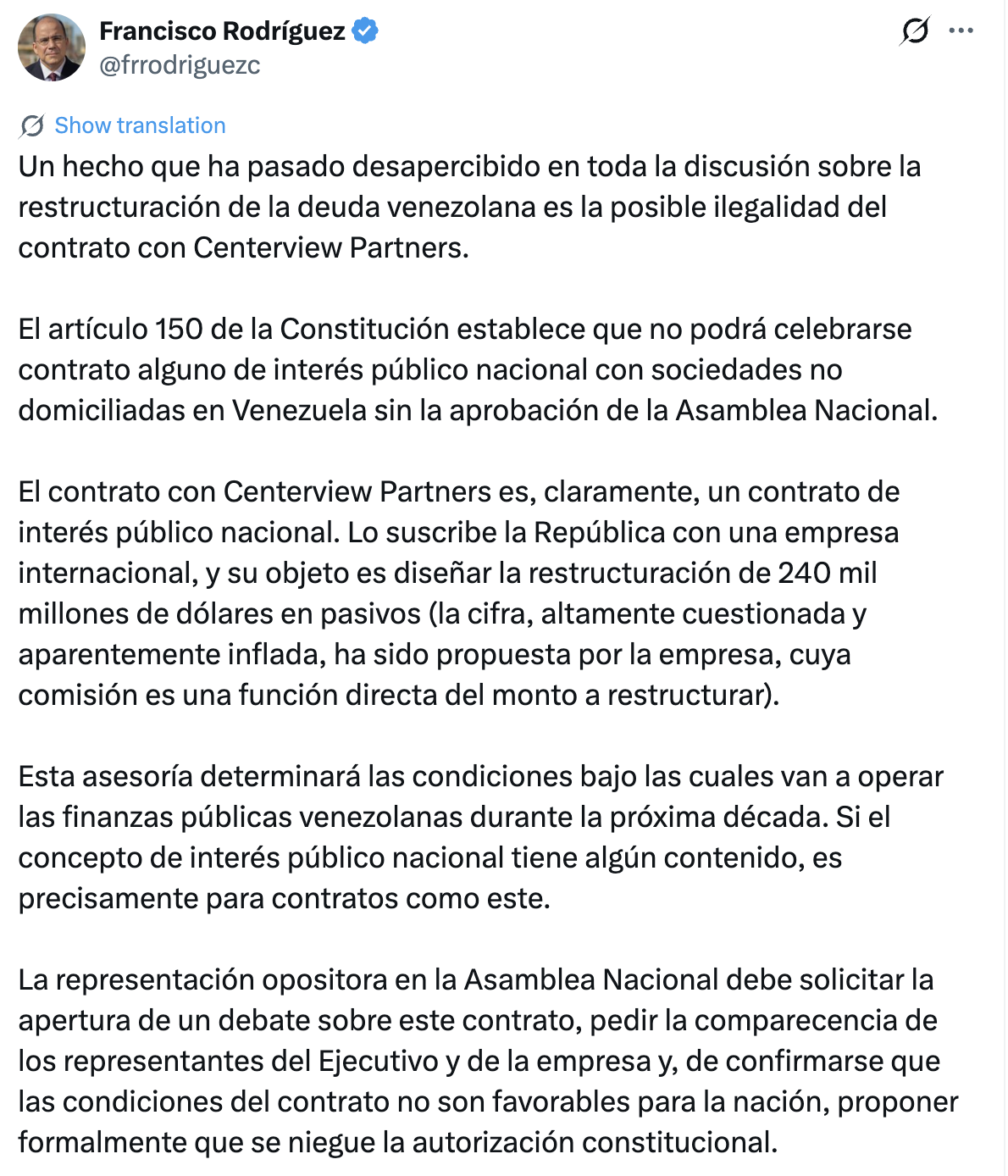 Economista cuestiona legalidad de contrato para reestructurar deuda venezolana Economista cuestiona legalidad de contrato para reestructurar deuda venezolana