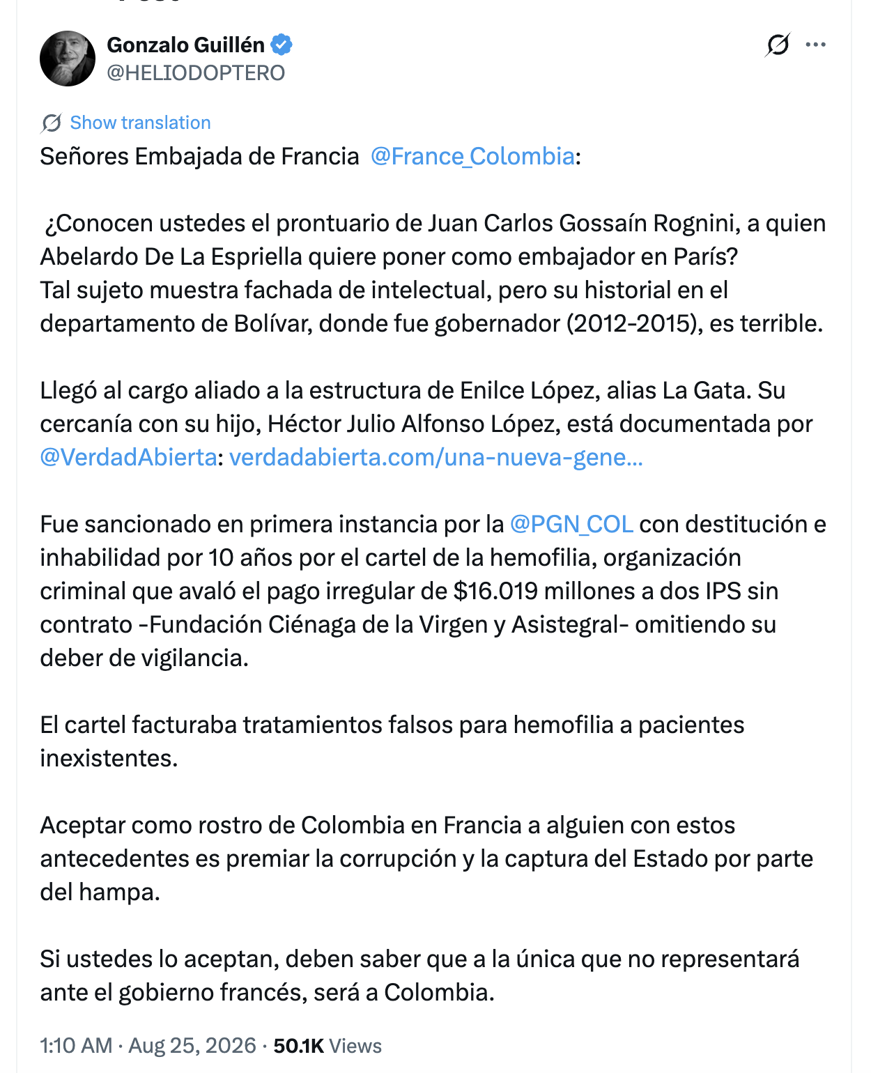 Periodista cuestiona posible designación de exgobernador de Bolívar como embajador en Francia Periodista cuestiona posible designación de exgobernador de Bolívar como embajador en Francia