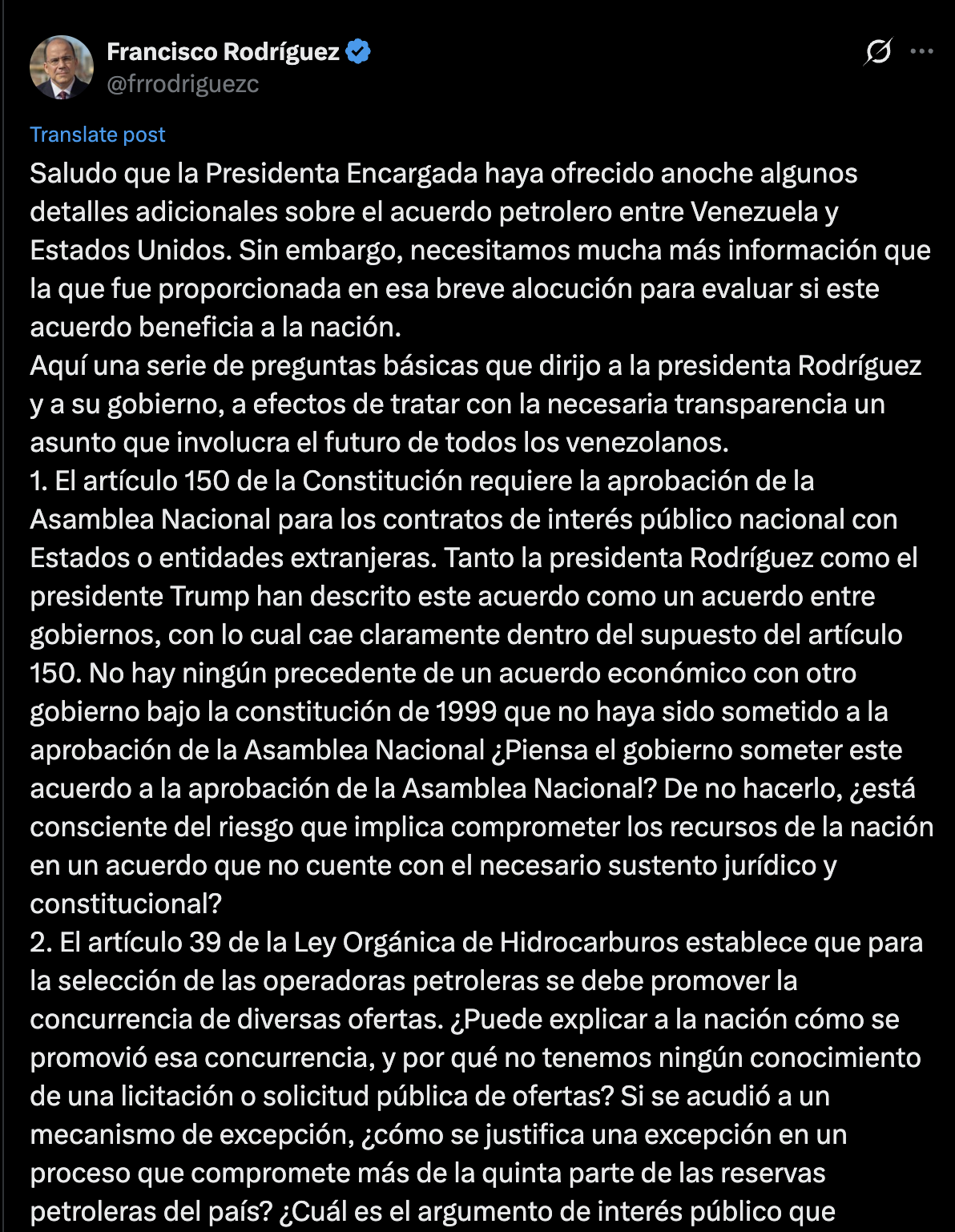Francisco Rodríguez exige mayor transparencia sobre acuerdo petrolero entre Venezuela y Estados Unidos Francisco Rodríguez exige mayor transparencia sobre acuerdo petrolero entre Venezuela y Estados Unidos