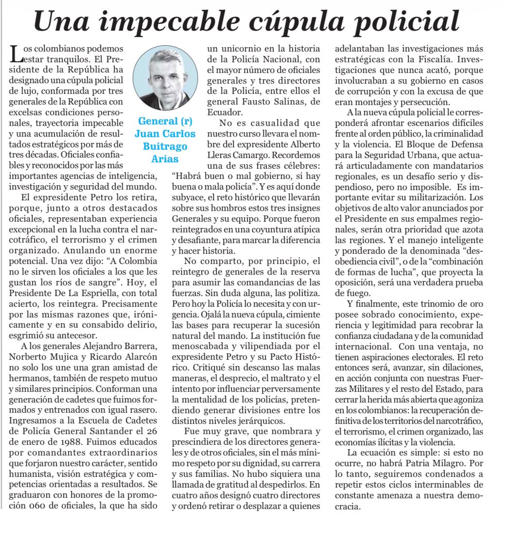 Una impecable cúpula policial – General (r) Juan Carlos Buitrago Arias Una impecable cúpula policial – General (r) Juan Carlos Buitrago Arias