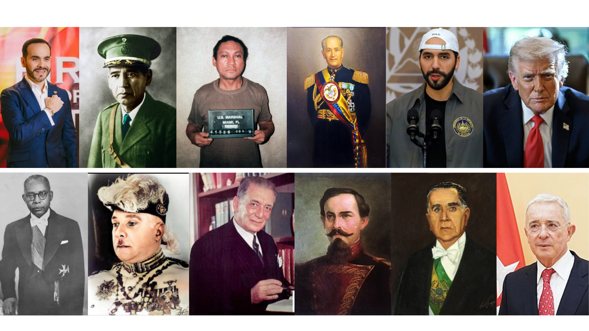 Arriba: (izquierda a derecha) Alelardo de la Espriella, Maximiliano Hernández Martínez, Manuel Antonio Noriega, Gustavo Rojas Pinilla, Nayib Bukele y Donald Trump. Abajo: (izquierda a derecha) François Duvalier, Rafael Leonidas Trujillo, Laureano Gómez, José Gaspar Rodríguez Francia, Emilio Garrastazu Médice y Álvaro Uribe Arriba: (izquierda a derecha) Alelardo de la Espriella, Maximiliano Hernández Martínez, Manuel Antonio Noriega, Gustavo Rojas Pinilla, Nayib Bukele y Donald Trump. Abajo: (izquierda a derecha) François Duvalier, Rafael Leonidas Trujillo, Laureano Gómez, José Gaspar Rodríguez Francia, Emilio Garrastazu Médice y Álvaro Uribe