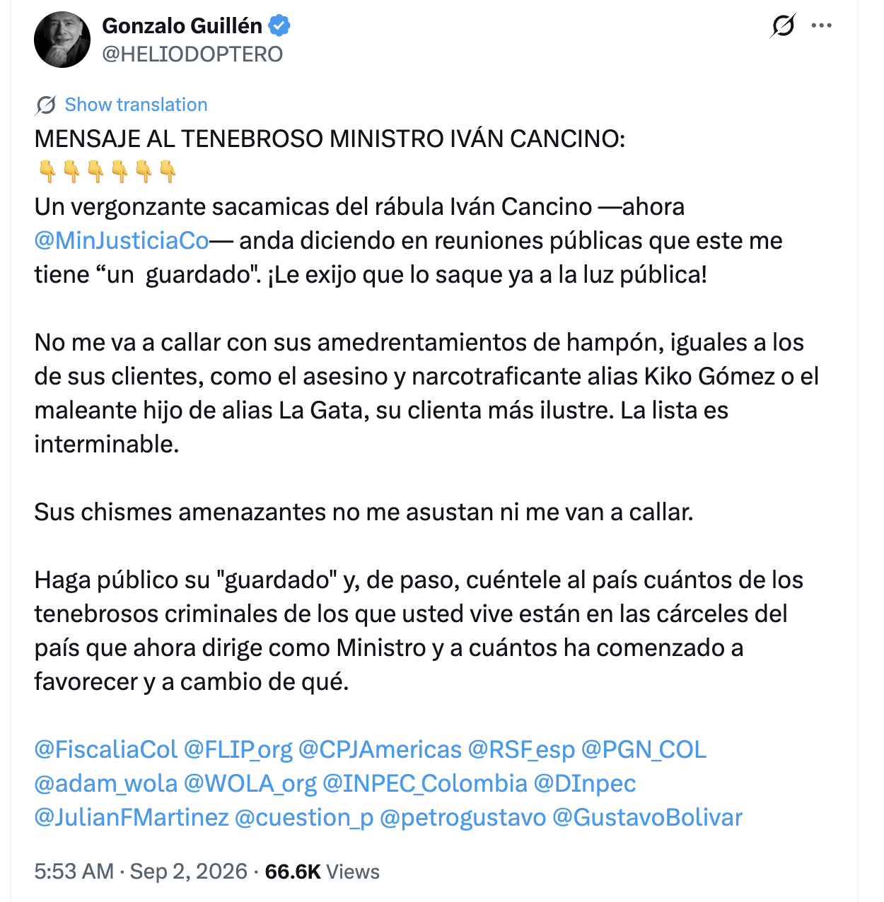 Periodista Gonzalo Guillén acusa al ministro de Justicia de Colombia de amenazarlo Periodista Gonzalo Guillén acusa al ministro de Justicia de Colombia de amenazarlo