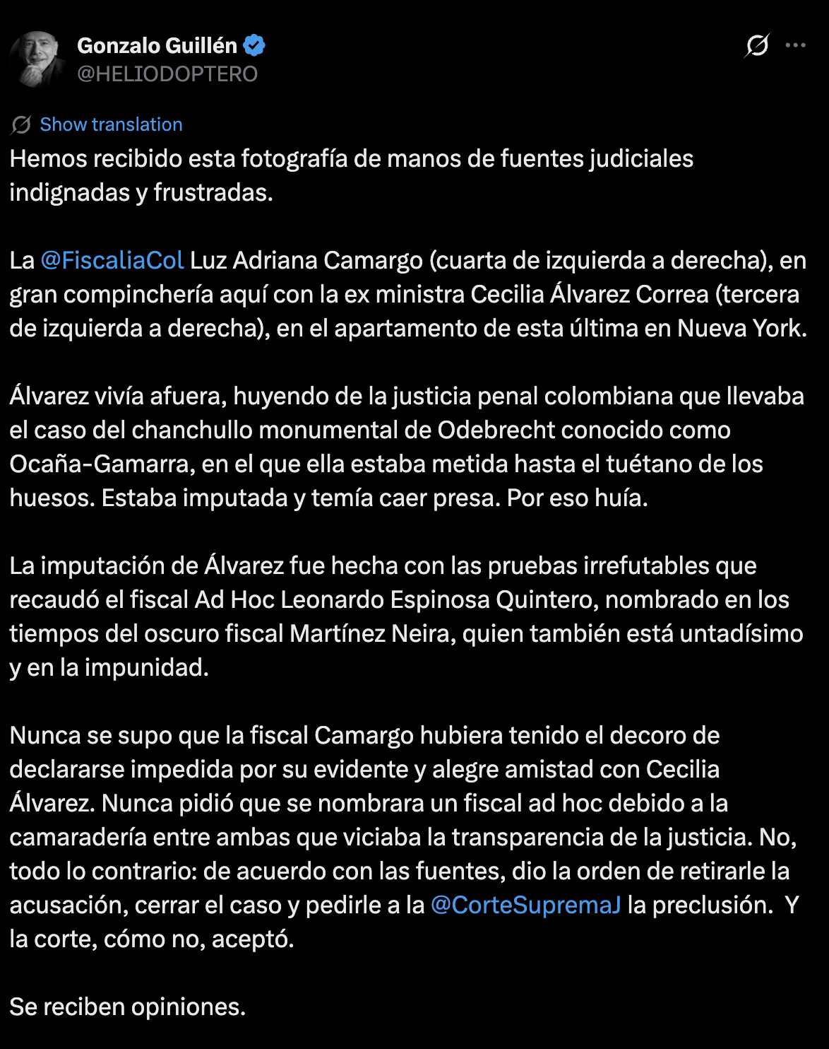 Fotografía de fiscal general de Colombia con exministra vinculada al caso Odebrecht desata polémica