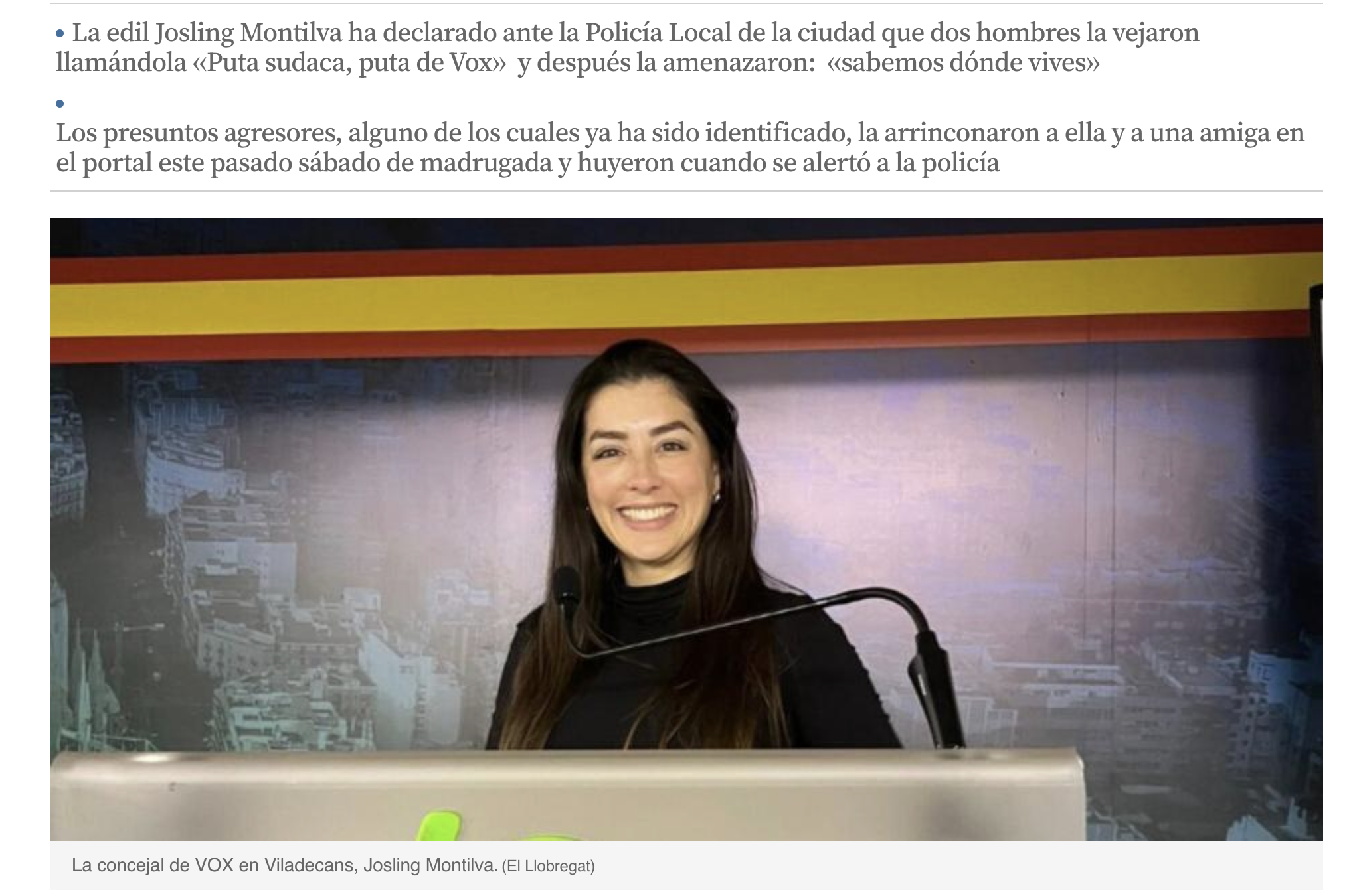 La concejala de Vox en Viladecans denuncia amenazas e insultos a las puertas de su domicilio