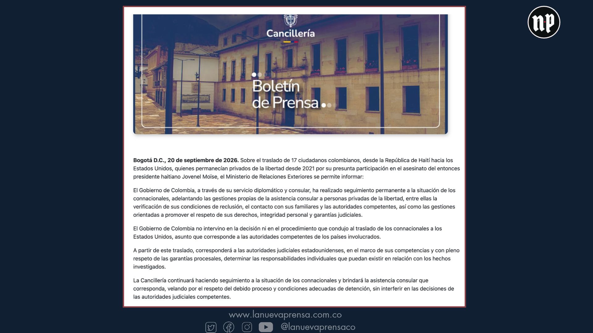 Boletín de la Cancillería de Colombia, publicado el 21 de septiembre de 2026. Boletín de la Cancillería de Colombia, publicado el 21 de septiembre de 2026.