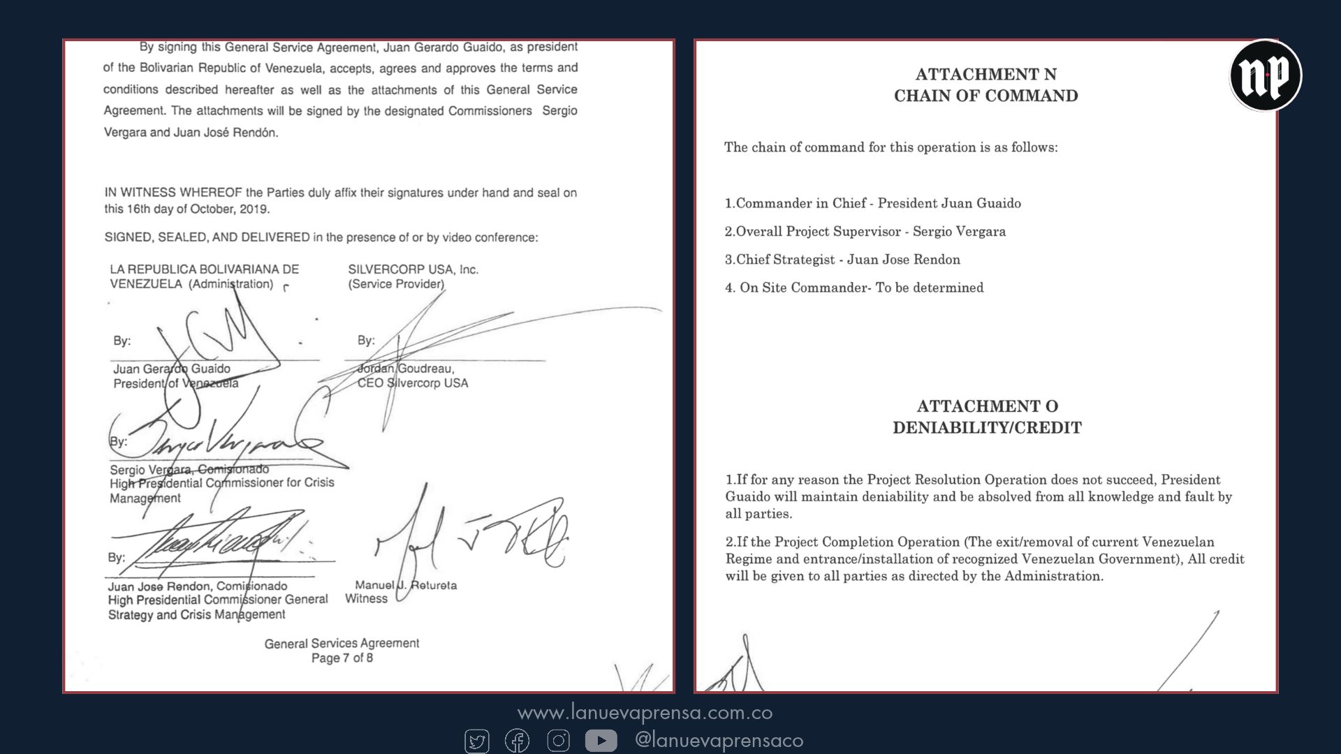 Izquierda: Extracto del contrato firmado entre el gobierno interino de Guaidó por él mismo y J.J. Rendón con Jordan Gourdeau, CEO de Silvercorp. Derecha: anexo del contrato en el que se impone la cláusula de negación plausible si la operación fracasaba. Izquierda: Extracto del contrato firmado entre el gobierno interino de Guaidó por él mismo y J.J. Rendón con Jordan Gourdeau, CEO de Silvercorp. Derecha: anexo del contrato en el que se impone la cláusula de negación plausible si la operación fracasaba.