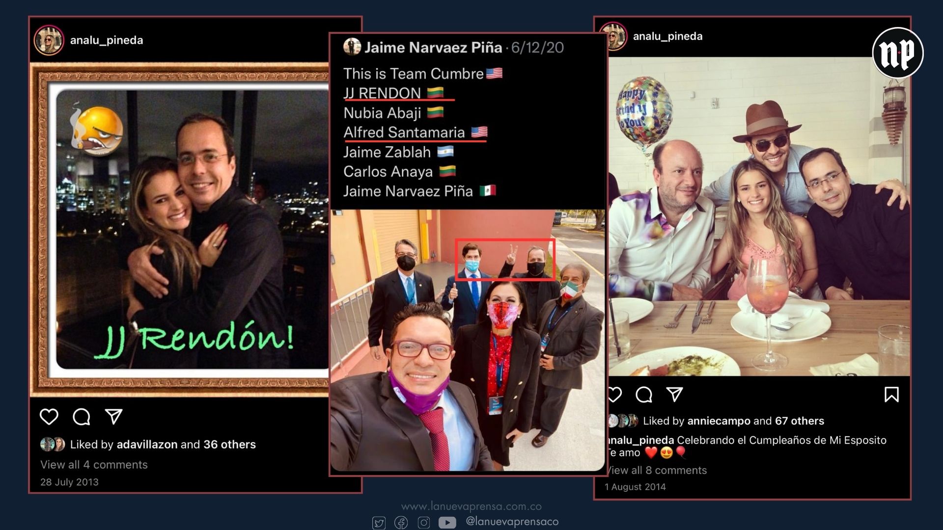 Foto Izquierda: Ana Lucía Pineda, esposa de Abelardo de la Espriella, con J.J. Rendón, en foto de 2013. Foto centro: Foto de Alfred Santamaría y J.J. Rendón junto a otros participantes de la Cumbre Latinoamericana en Miami, en 2020. Foto derecha: El locutor Julio Sánchez Cristo junto a Abelardo de la Espriella, Ana Lucía Pineda y J.J. Rendón, celebrando el cumpleaños del hoy presidente colombiano, en 2014. Foto Izquierda: Ana Lucía Pineda, esposa de Abelardo de la Espriella, con J.J. Rendón, en foto de 2013. Foto centro: Foto de Alfred Santamaría y J.J. Rendón junto a otros participantes de la Cumbre Latinoamericana en Miami, en 2020. Foto derecha: El locutor Julio Sánchez Cristo junto a Abelardo de la Espriella, Ana Lucía Pineda y J.J. Rendón, celebrando el cumpleaños del hoy presidente colombiano, en 2014.