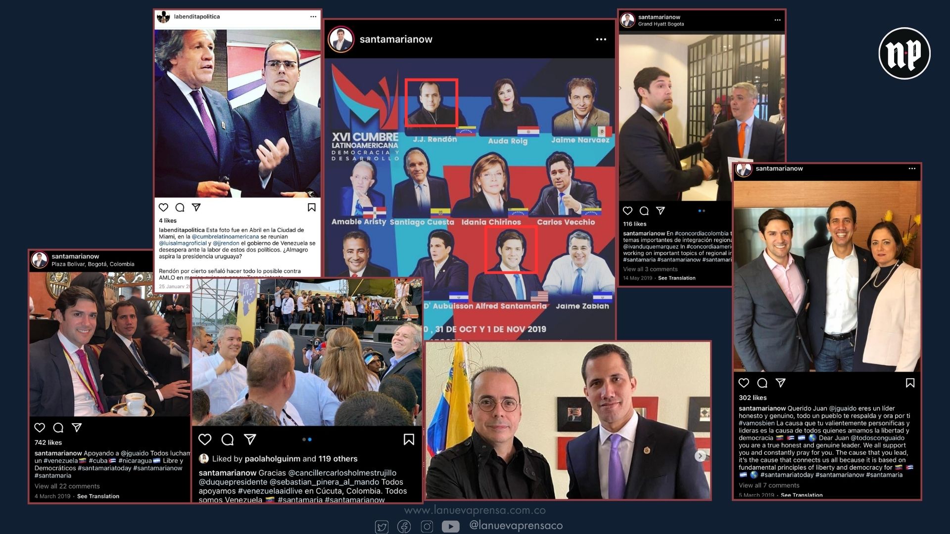 Foto superior izquierda: Luis Almagro con J.J. Rendón durante la Cumbre Latinoamericana de Marketing Político y Gobernanza, en abril de 2017. Foto superior al centro: Cartel de la Cumbre Latinoamericana sobre Democracia y Desarrollo, en Nueva York a finales de 2019, donde J.J. Rendón y Alfred Santamaría fueron panelistas y los temas principales fueron Venezuela y Nicaragua. Foto superior derecha: Alfred Santamaría e Iván Duque durante el evento Concordia Americas Summit, en mayo de 2019 en Bogotá, donde el tema central fue Venezuela. Foto inferior izquierda: Alfred Santamaría y Juan Guaidó en Bogotá, quince días después del concierto en la frontera. Foto inferior centro-izquierda: Iván Duque, Luis Almagro, Martha Lucía Ramírez y Alfred Santamaría, disfrutando del concierto Venezuela Aid Live, en febrero de 2019. Foto inferior centro-derecha: J.J. Rendón y Juan Guaidó. Foto inferior derecha: Alfred Santamaría con Juan Guaidó y una mujer no identificada. Foto superior izquierda: Luis Almagro con J.J. Rendón durante la Cumbre Latinoamericana de Marketing Político y Gobernanza, en abril de 2017. Foto superior al centro: Cartel de la Cumbre Latinoamericana sobre Democracia y Desarrollo, en Nueva York a finales de 2019, donde J.J. Rendón y Alfred Santamaría fueron panelistas y los temas principales fueron Venezuela y Nicaragua. Foto superior derecha: Alfred Santamaría e Iván Duque durante el evento Concordia Americas Summit, en mayo de 2019 en Bogotá, donde el tema central fue Venezuela. Foto inferior izquierda: Alfred Santamaría y Juan Guaidó en Bogotá, quince días después del concierto en la frontera. Foto inferior centro-izquierda: Iván Duque, Luis Almagro, Martha Lucía Ramírez y Alfred Santamaría, disfrutando del concierto Venezuela Aid Live, en febrero de 2019. Foto inferior centro-derecha: J.J. Rendón y Juan Guaidó. Foto inferior derecha: Alfred Santamaría con Juan Guaidó y una mujer no identificada.