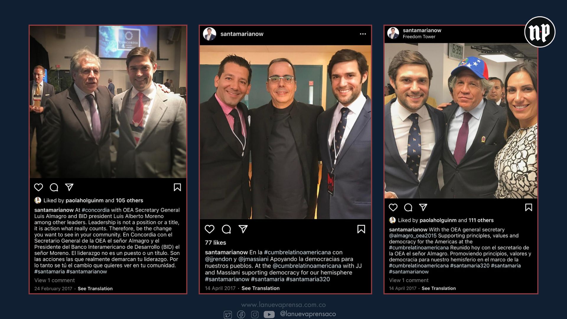 Foto izquierda: Luis Almagro y Alfred Santamaría en el Summit Concordia de 2017, en Miami. Foto centro de izq. a der.: Jonathan Massiani, J.J. Rendón y Alfred Santamaría. Foto derecha: Alfred Santamaría, Luis Almagro y mujer no identificada. Foto izquierda: Luis Almagro y Alfred Santamaría en el Summit Concordia de 2017, en Miami. Foto centro de izq. a der.: Jonathan Massiani, J.J. Rendón y Alfred Santamaría. Foto derecha: Alfred Santamaría, Luis Almagro y mujer no identificada.
